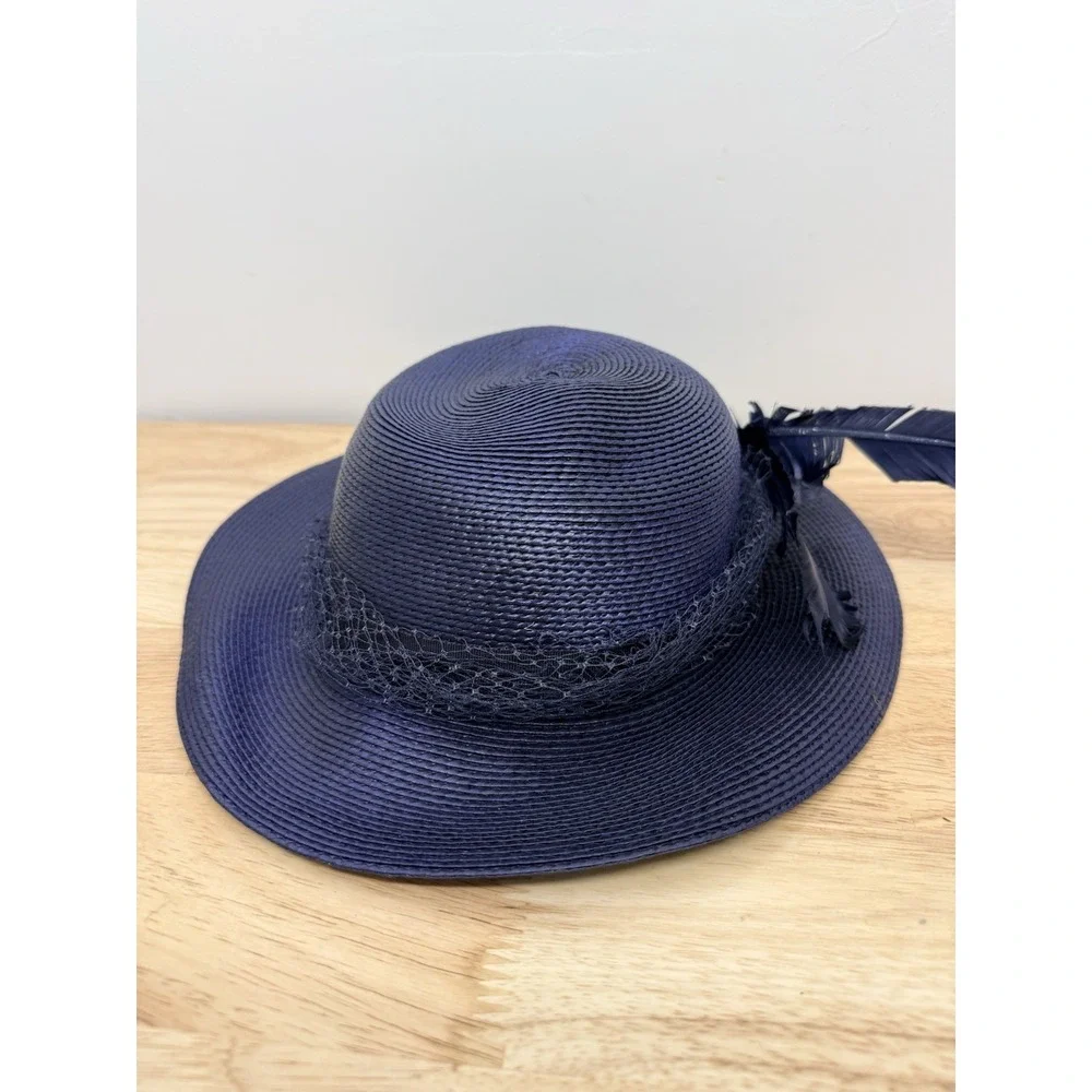 Vtg Miss Bierner Blue Hat Embellished Feathers Netting Woven 11 Inches Diameter‎